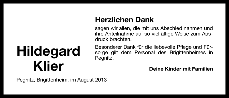  Traueranzeige für Hildegard Klier vom 07.09.2013 aus Nordbayerische Nachrichten Pegnitz Lokal