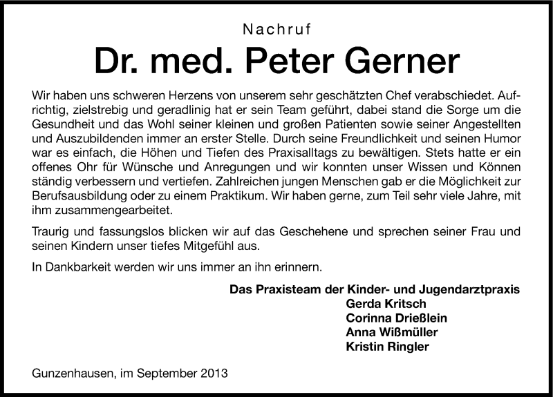  Traueranzeige für Peter Gerner vom 07.09.2013 aus Altmühl-Bote Lokal