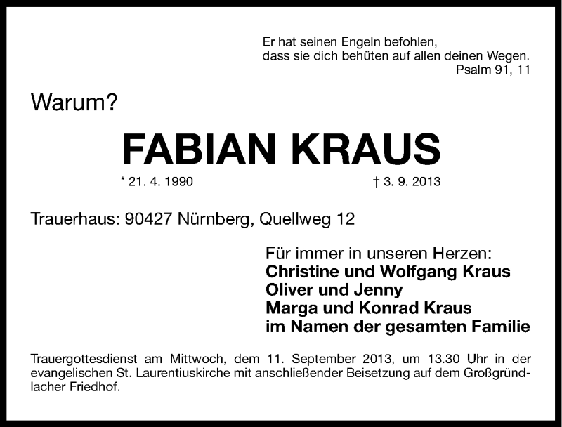  Traueranzeige für Fabian Kraus vom 07.09.2013 aus Gesamtausgabe Nürnberger Nachrichten/ Nürnberger Ztg.