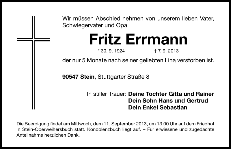  Traueranzeige für Fritz Ermann vom 10.09.2013 aus Gesamtausgabe Nürnberger Nachrichten/ Nürnberger Ztg.