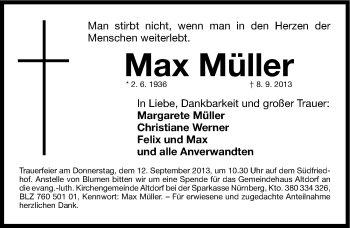 Traueranzeige von Max Müller von Gesamtausgabe Nürnberger Nachrichten/ Nürnberger Ztg.