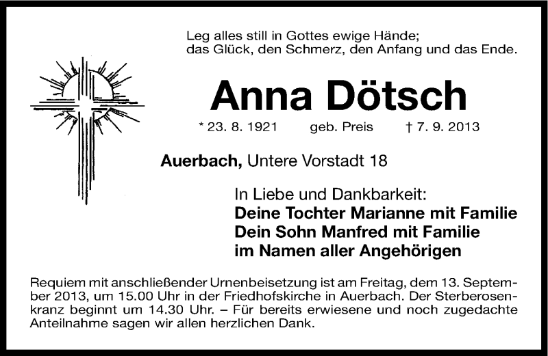  Traueranzeige für Anna Dötsch vom 10.09.2013 aus Nordbayerische Nachrichten Pegnitz Lokal
