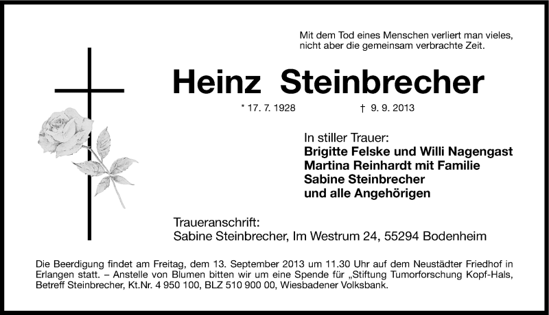  Traueranzeige für Heinz Steinbrecher vom 12.09.2013 aus Erlanger Nachrichten Lokal