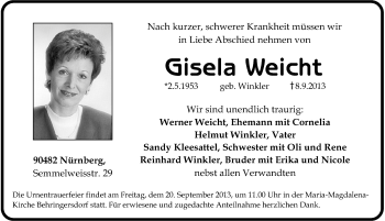 Traueranzeige von Gisela Weicht von Gesamtausgabe Nürnberger Nachrichten/ Nürnberger Ztg.