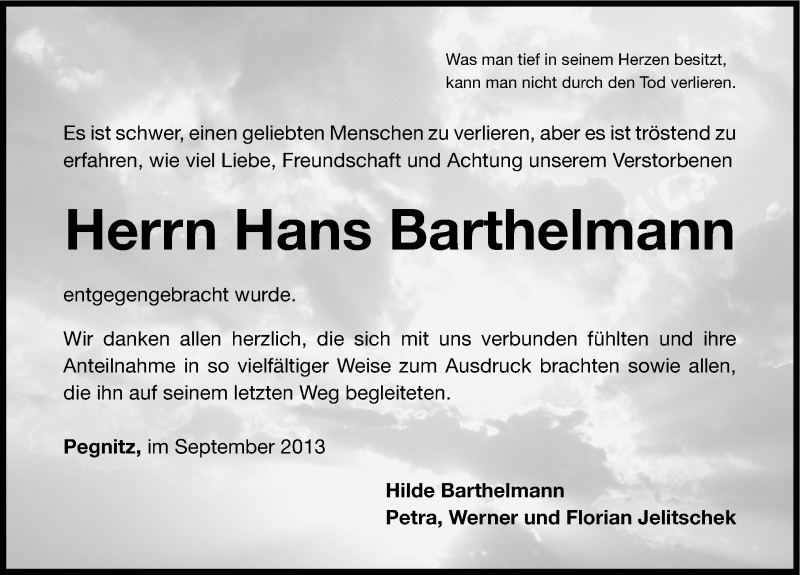  Traueranzeige für Hans Barthelmann vom 14.09.2013 aus Nordbayerische Nachrichten Pegnitz Lokal