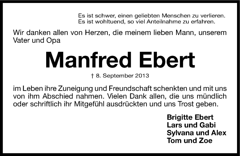  Traueranzeige für Manfred Ebert vom 14.09.2013 aus Fürther Nachrichten Lokal