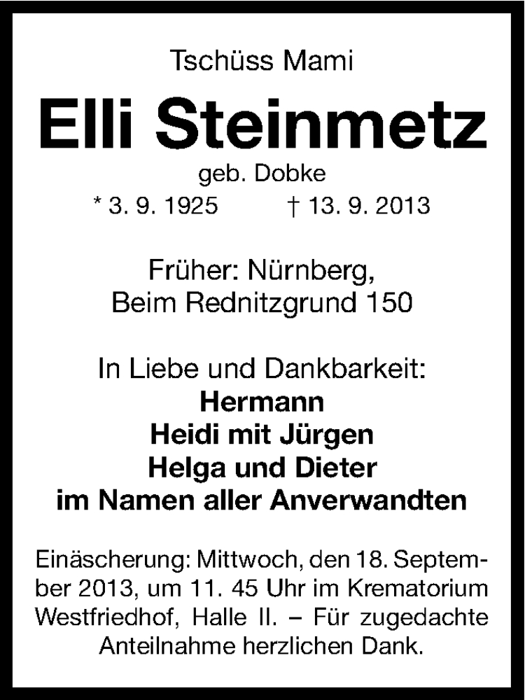  Traueranzeige für Elli Steinmetz vom 14.09.2013 aus Gesamtausgabe Nürnberger Nachrichten/ Nürnberger Ztg.