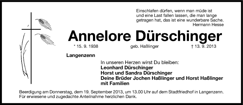  Traueranzeige für Annelore Dürschinger vom 16.09.2013 aus Fürther Nachrichten Lokal