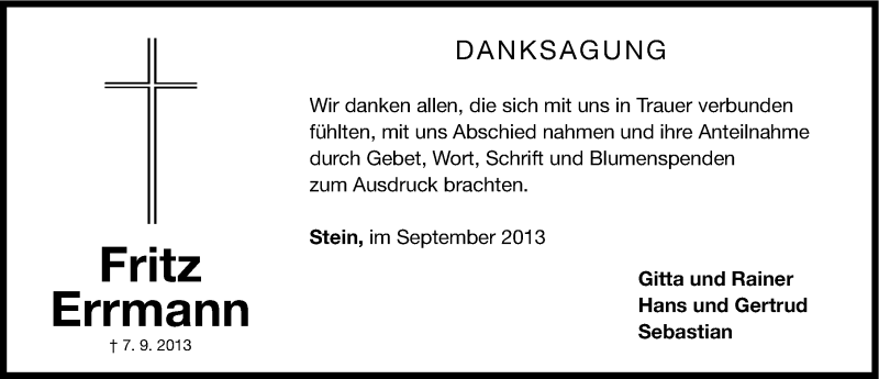  Traueranzeige für Fritz Errmann vom 21.09.2013 aus Gesamtausgabe Nürnberger Nachrichten/ Nürnberger Ztg.