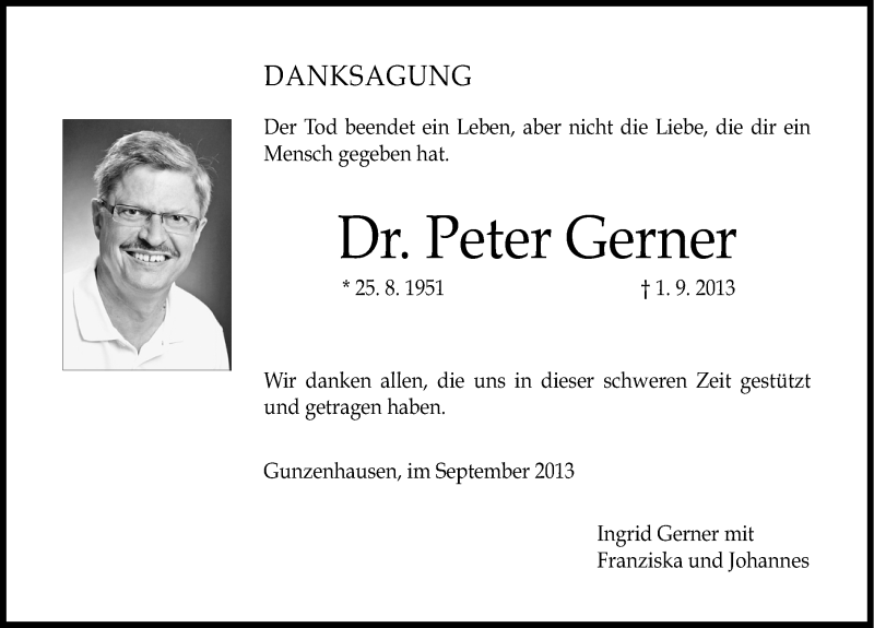  Traueranzeige für Peter Gerner vom 21.09.2013 aus Altmühl-Bote Lokal