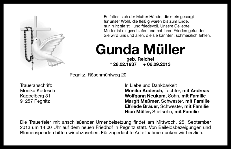  Traueranzeige für Gunda Müller vom 20.09.2013 aus Nordbayerische Nachrichten Pegnitz Lokal