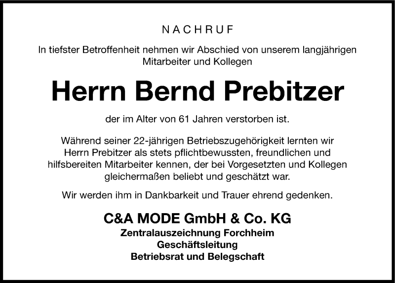  Traueranzeige für Bernd Prebitzer vom 21.09.2013 aus Nordbayerische Nachrichten Forchheim Lokal