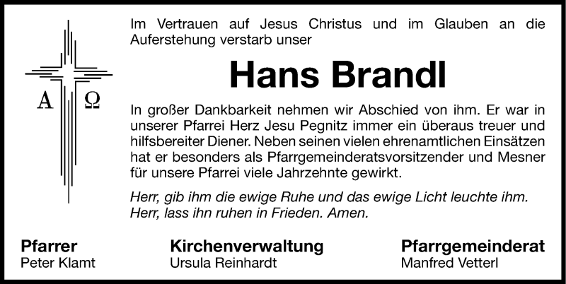  Traueranzeige für Hans Brandl vom 21.09.2013 aus Nordbayerische Nachrichten Pegnitz Lokal