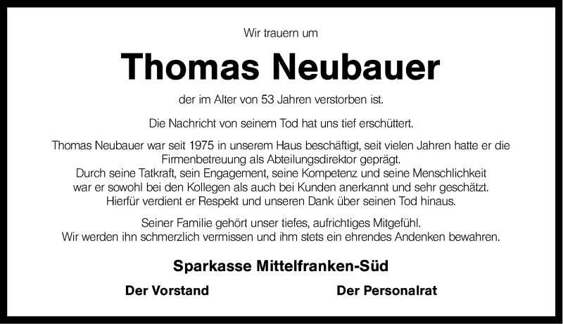  Traueranzeige für Thomas Neubauer vom 21.09.2013 aus Gesamtausgabe Nürnberger Nachrichten/ Nürnberger Ztg.
