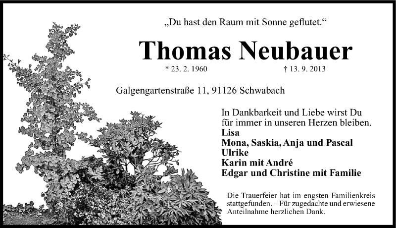 Traueranzeige für Thomas Neubauer vom 21.09.2013 aus Gesamtausgabe Nürnberger Nachrichten/ Nürnberger Ztg.