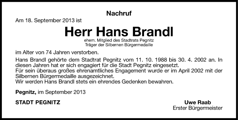  Traueranzeige für Hans Brandl vom 21.09.2013 aus Nordbayerische Nachrichten Pegnitz Lokal