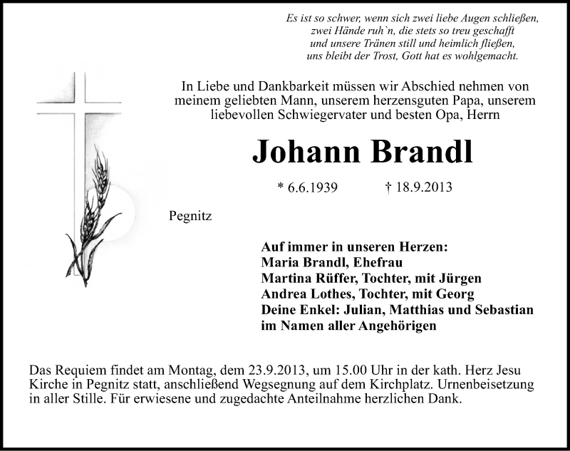  Traueranzeige für Hans Brandl vom 21.09.2013 aus Nordbayerische Nachrichten Pegnitz Lokal