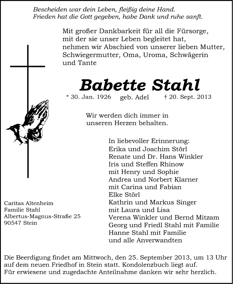  Traueranzeige für Babette Stahl vom 21.09.2013 aus Gesamtausgabe Nürnberger Nachrichten/ Nürnberger Ztg.