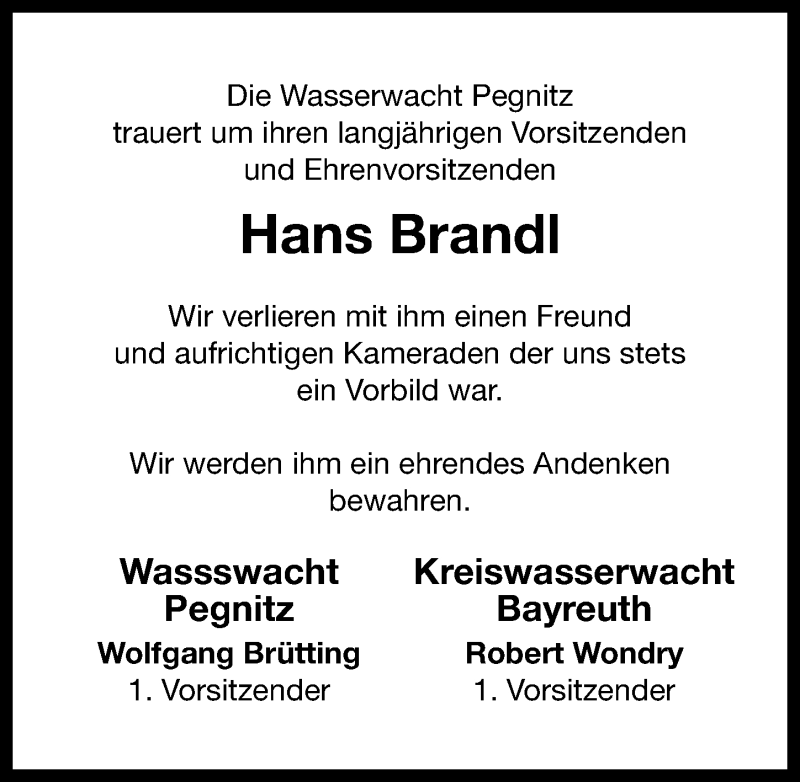  Traueranzeige für Hans Brandl vom 21.09.2013 aus Nordbayerische Nachrichten Pegnitz Lokal