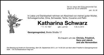 Traueranzeige von Katharina Schwarz von Roth-Hilpoltsteiner Volkszeitung Lokal