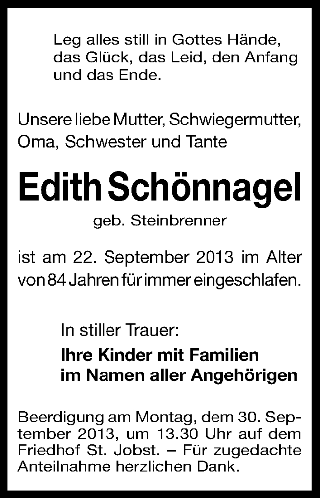  Traueranzeige für Edith Schönnagel vom 27.09.2013 aus Gesamtausgabe Nürnberger Nachrichten/ Nürnberger Ztg.
