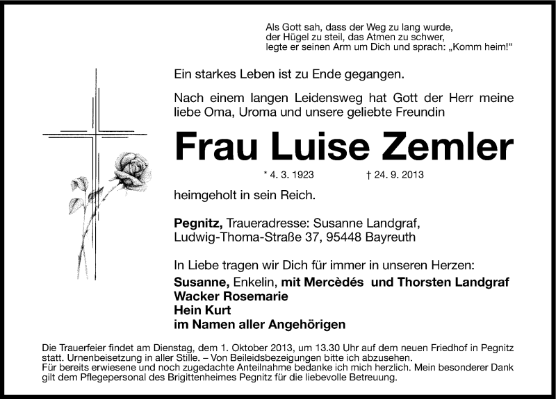  Traueranzeige für Luise Zemler vom 27.09.2013 aus Nordbayerische Nachrichten Pegnitz Lokal