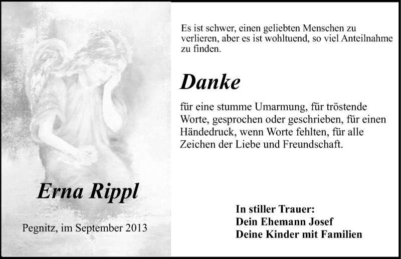  Traueranzeige für Erna Rippl vom 28.09.2013 aus Nordbayerische Nachrichten Pegnitz Lokal