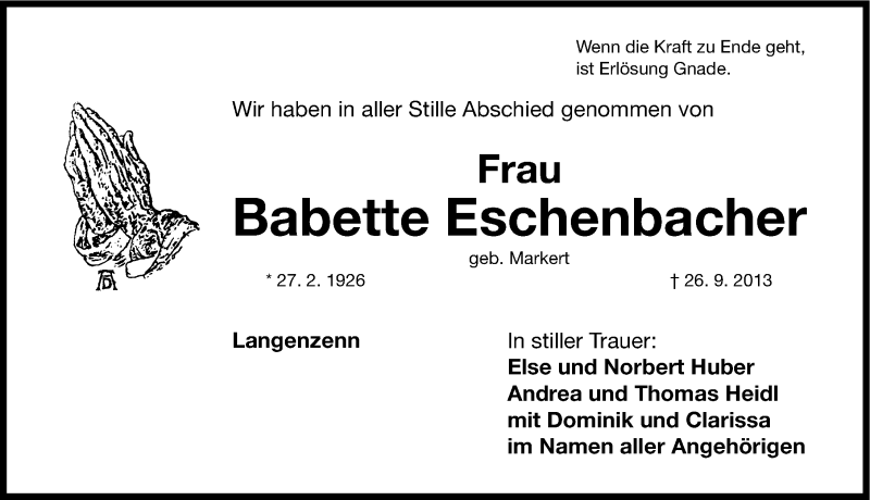  Traueranzeige für Babette Eschenbacher vom 03.10.2013 aus Fürther Nachrichten Lokal
