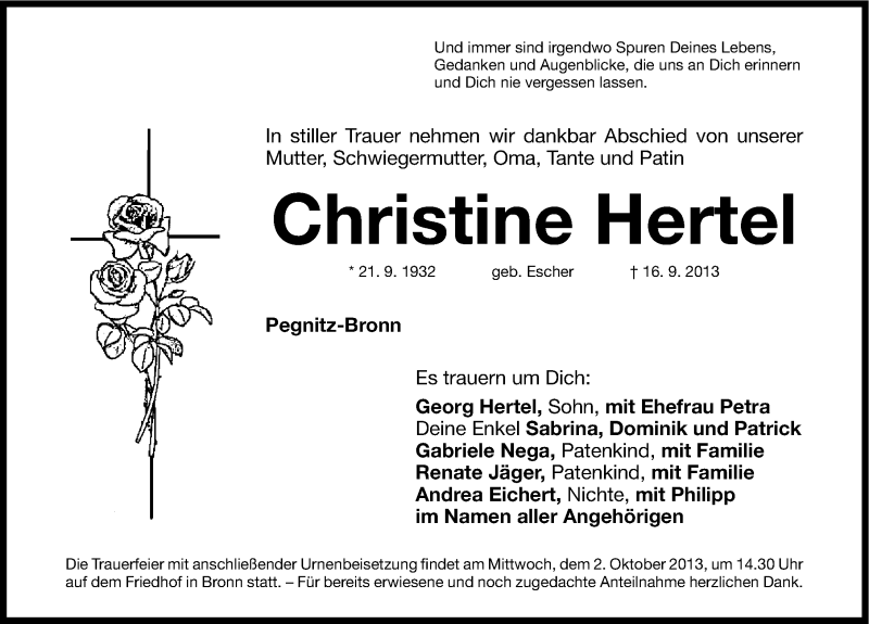  Traueranzeige für Christine Hertel vom 28.09.2013 aus Nordbayerische Nachrichten Pegnitz Lokal