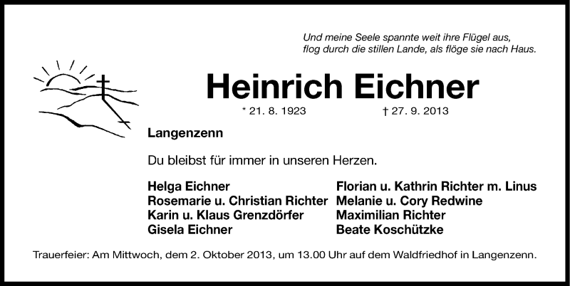  Traueranzeige für Heinrich Eichner vom 30.09.2013 aus Gesamtausgabe Nürnberger Nachrichten/ Nürnberger Ztg.