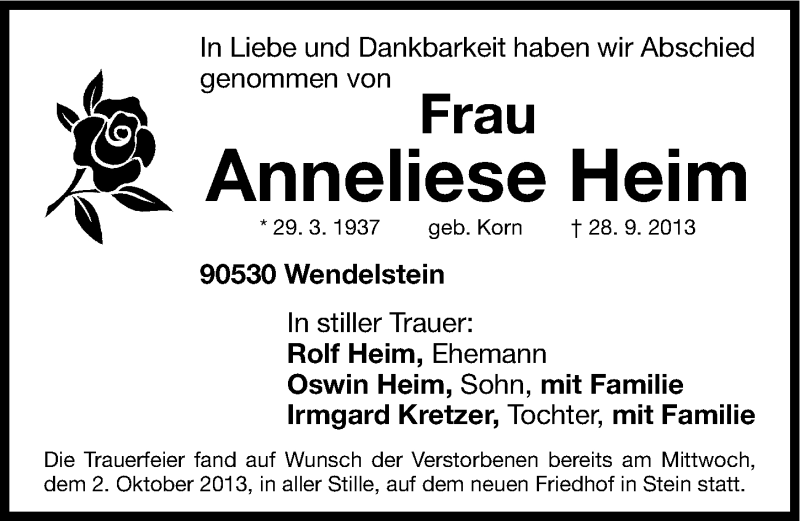  Traueranzeige für Anneliese Heim vom 05.10.2013 aus Gesamtausgabe Nürnberger Nachrichten/ Nürnberger Ztg.