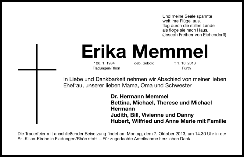  Traueranzeige für Erika Memmel vom 05.10.2013 aus Fürther Nachrichten Lokal