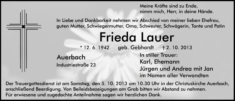  Traueranzeige für Frieda Lauer vom 03.10.2013 aus Nordbayerische Nachrichten Pegnitz Lokal