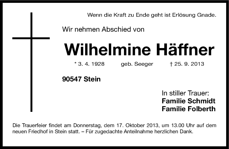  Traueranzeige für Wilhelmine Häffner vom 12.10.2013 aus Gesamtausgabe Nürnberger Nachrichten/ Nürnberger Ztg.