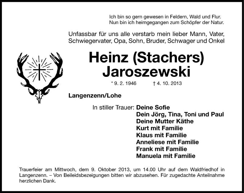  Traueranzeige für Heinz Jaroszewski vom 07.10.2013 aus Fürther Nachrichten Lokal