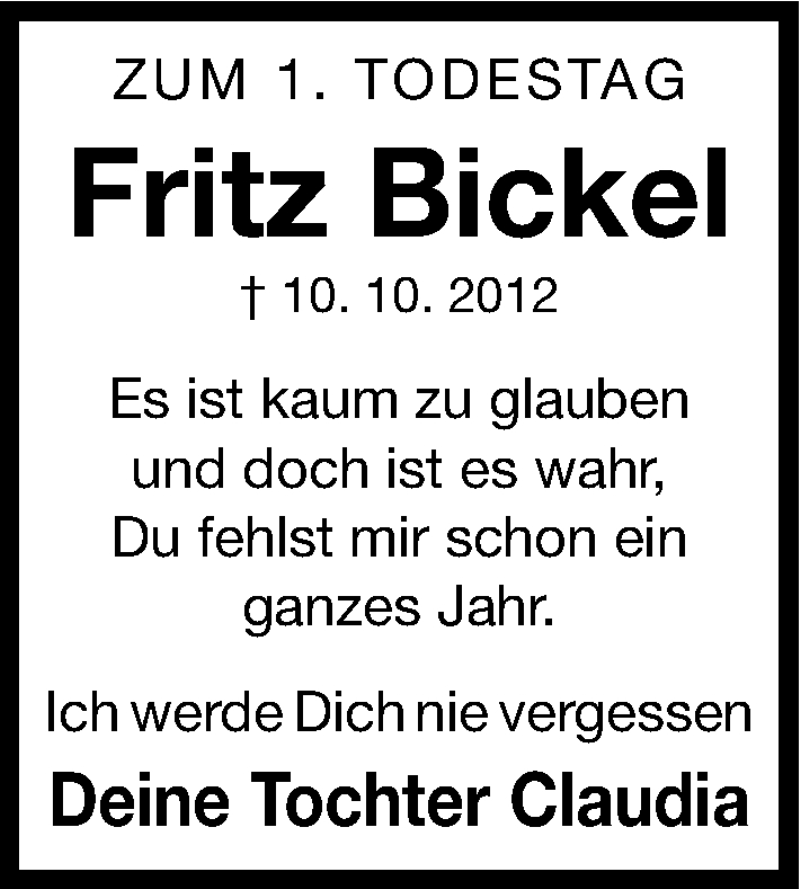  Traueranzeige für Fritz Bickel vom 10.10.2013 aus Roth-Hilpoltsteiner Volkszeitung Lokal