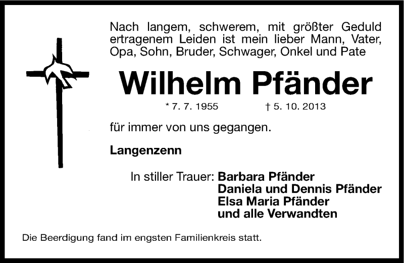  Traueranzeige für Wilhelm Pfänder vom 11.10.2013 aus Fürther Nachrichten Lokal