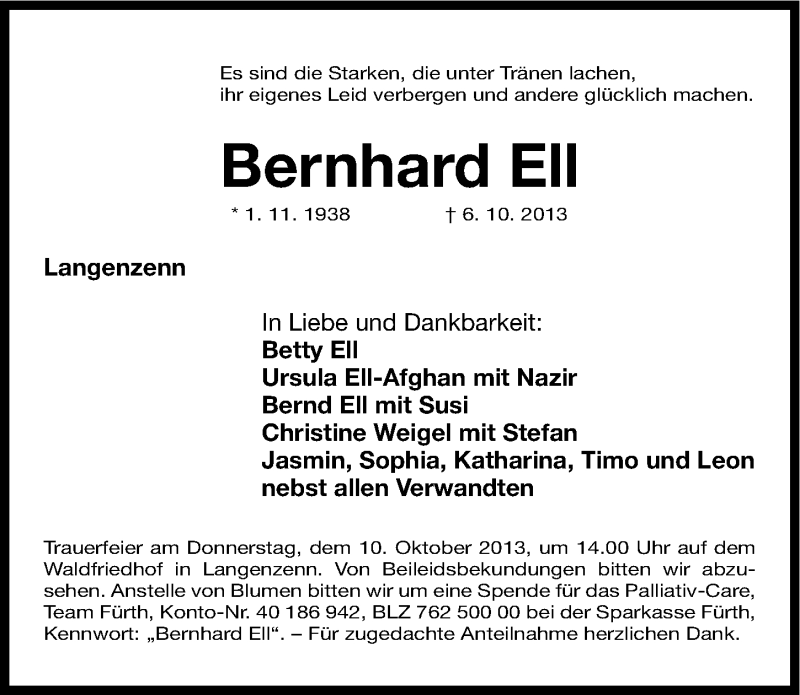  Traueranzeige für Bernhard Ell vom 08.10.2013 aus Fürther Nachrichten Lokal