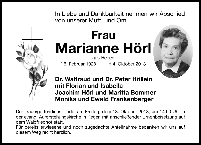  Traueranzeige für Marianne Hörl vom 15.10.2013 aus Nordbayerische Nachrichten Pegnitz Lokal