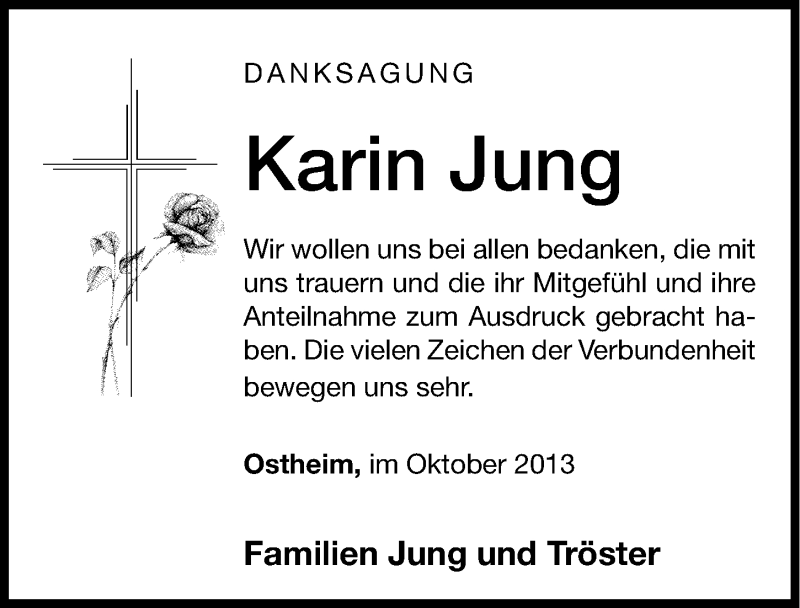  Traueranzeige für Karin Jung vom 11.10.2013 aus Altmühl-Bote Lokal
