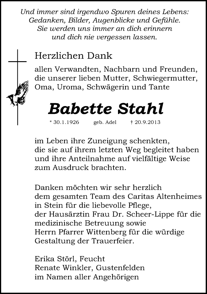  Traueranzeige für Babette Stahl vom 12.10.2013 aus Gesamtausgabe Nürnberger Nachrichten/ Nürnberger Ztg.