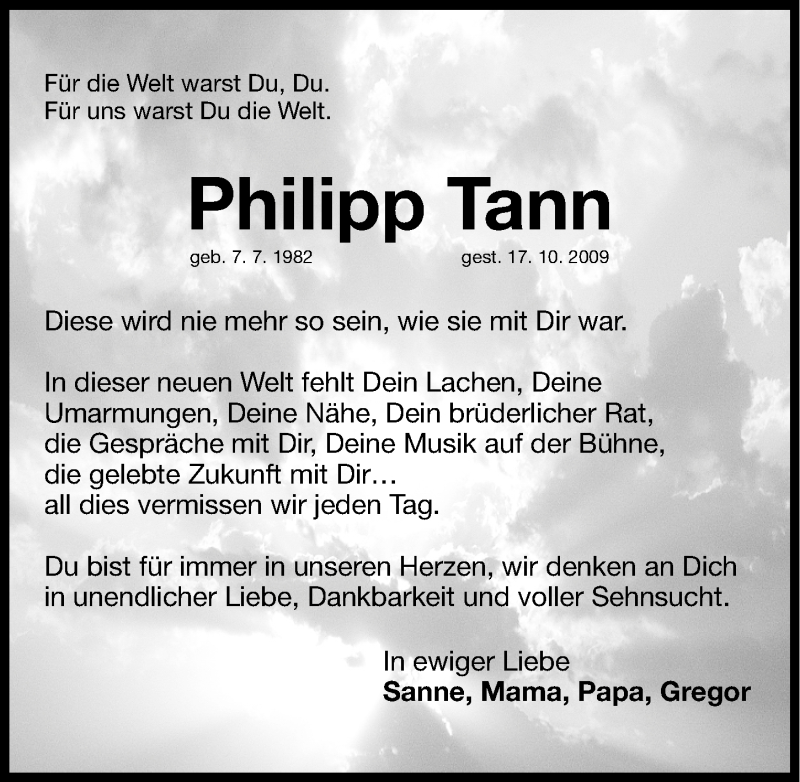  Traueranzeige für Philipp Tann vom 17.10.2013 aus Gesamtausgabe Nürnberger Nachrichten/ Nürnberger Ztg.