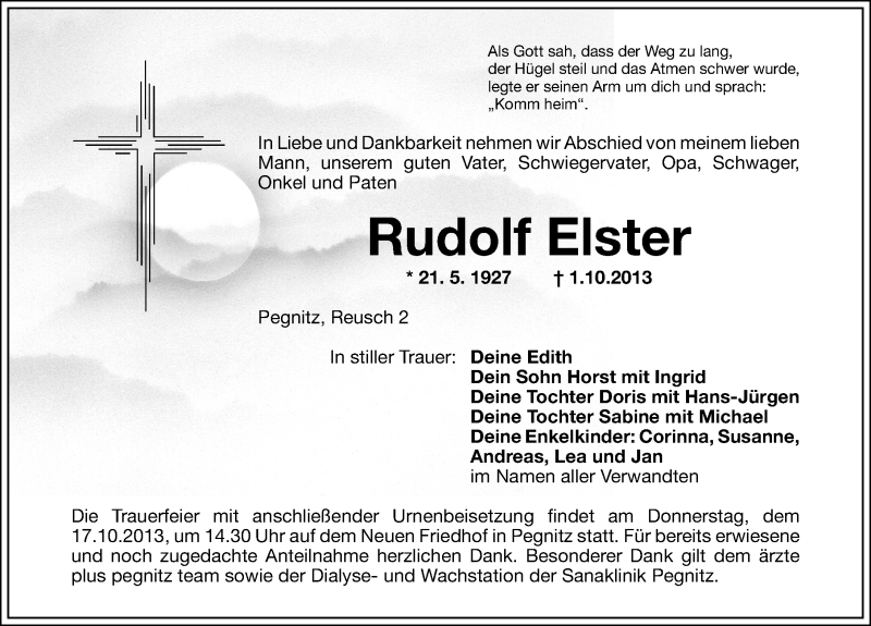  Traueranzeige für Rudolf Elster vom 14.10.2013 aus Nordbayerische Nachrichten Pegnitz Lokal