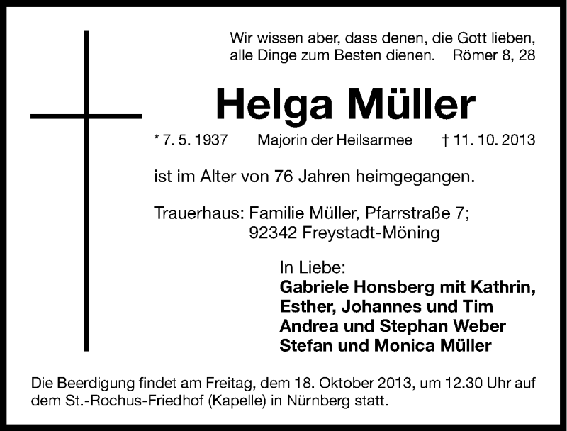  Traueranzeige für Helga Müller vom 15.10.2013 aus Gesamtausgabe Nürnberger Nachrichten/ Nürnberger Ztg.