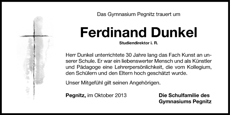  Traueranzeige für Ferdinand Dunkel vom 19.10.2013 aus Nordbayerische Nachrichten Pegnitz Lokal
