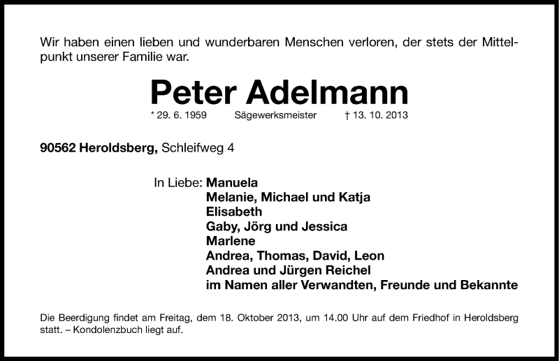  Traueranzeige für Peter Adelmann vom 16.10.2013 aus Gesamtausgabe Nürnberger Nachrichten/ Nürnberger Ztg.