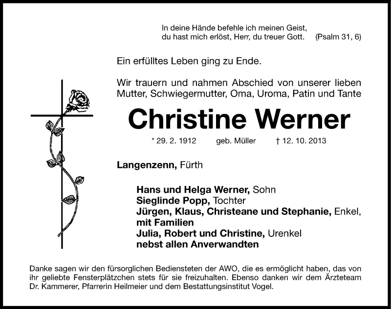 Traueranzeige für Christine Werner vom 19.10.2013 aus Fürther Nachrichten Lokal
