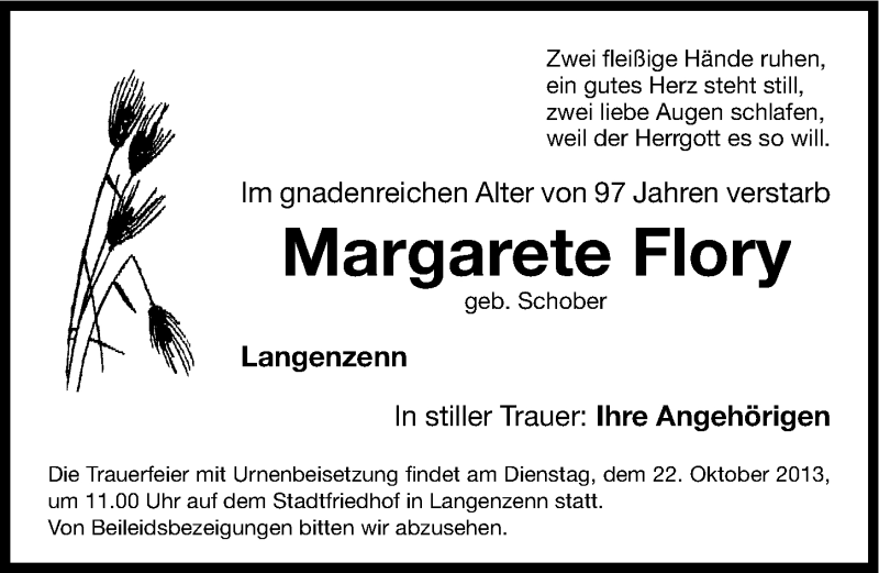  Traueranzeige für Margarete Flory vom 19.10.2013 aus Fürther Nachrichten Lokal