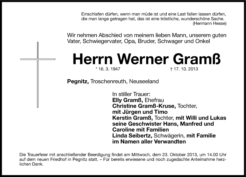  Traueranzeige für Werner Gramß vom 19.10.2013 aus Nordbayerische Nachrichten Pegnitz Lokal