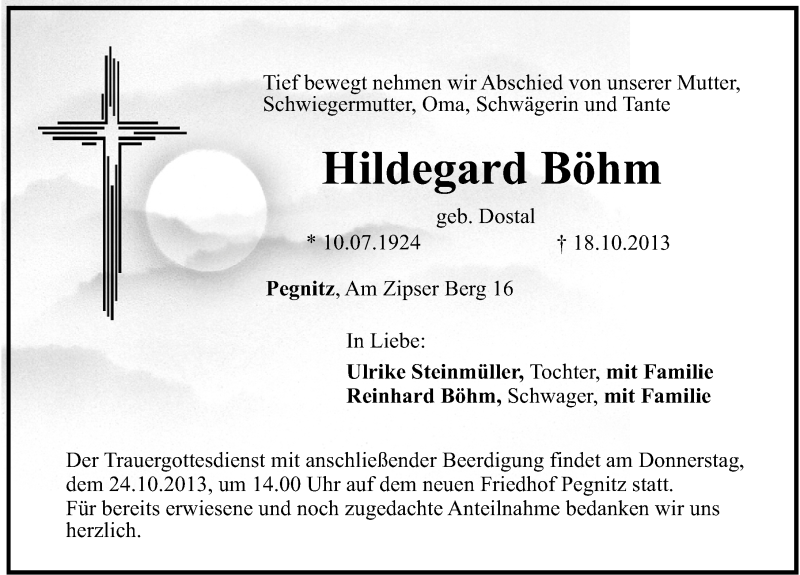  Traueranzeige für Hildegard Böhm vom 19.10.2013 aus Nordbayerische Nachrichten Pegnitz Lokal